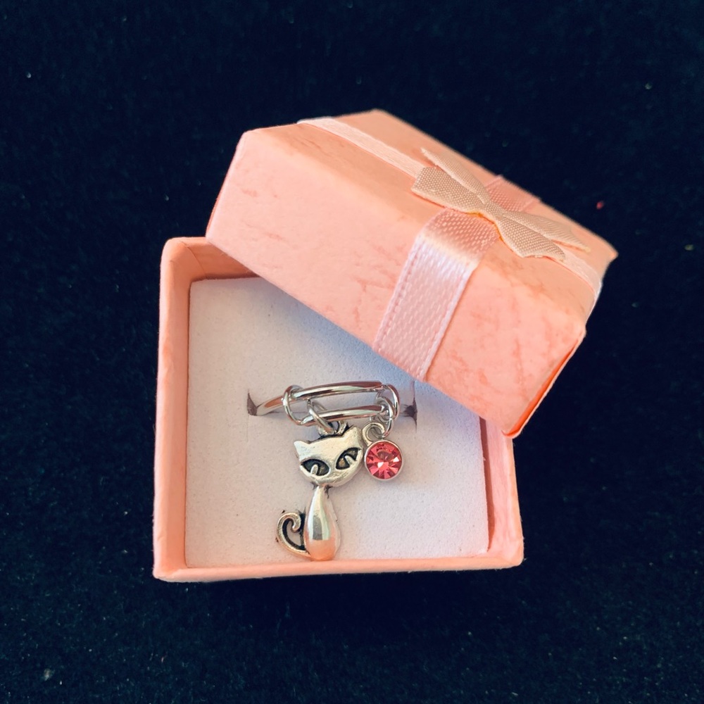 Cat charm dangle ring with birthstone charm